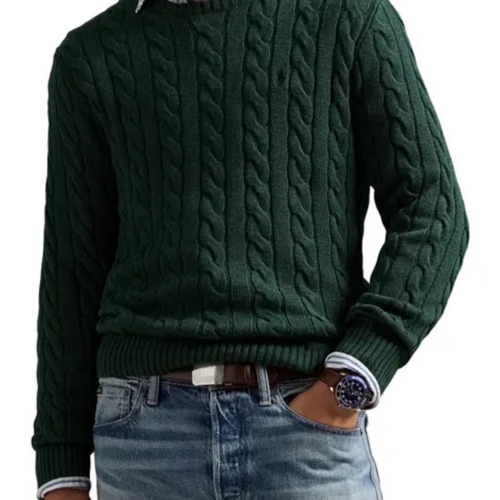 R3-28 NWT Mens Size L Polo Ralph Lauren Cable-Knit Cotton Sweater Green  $145